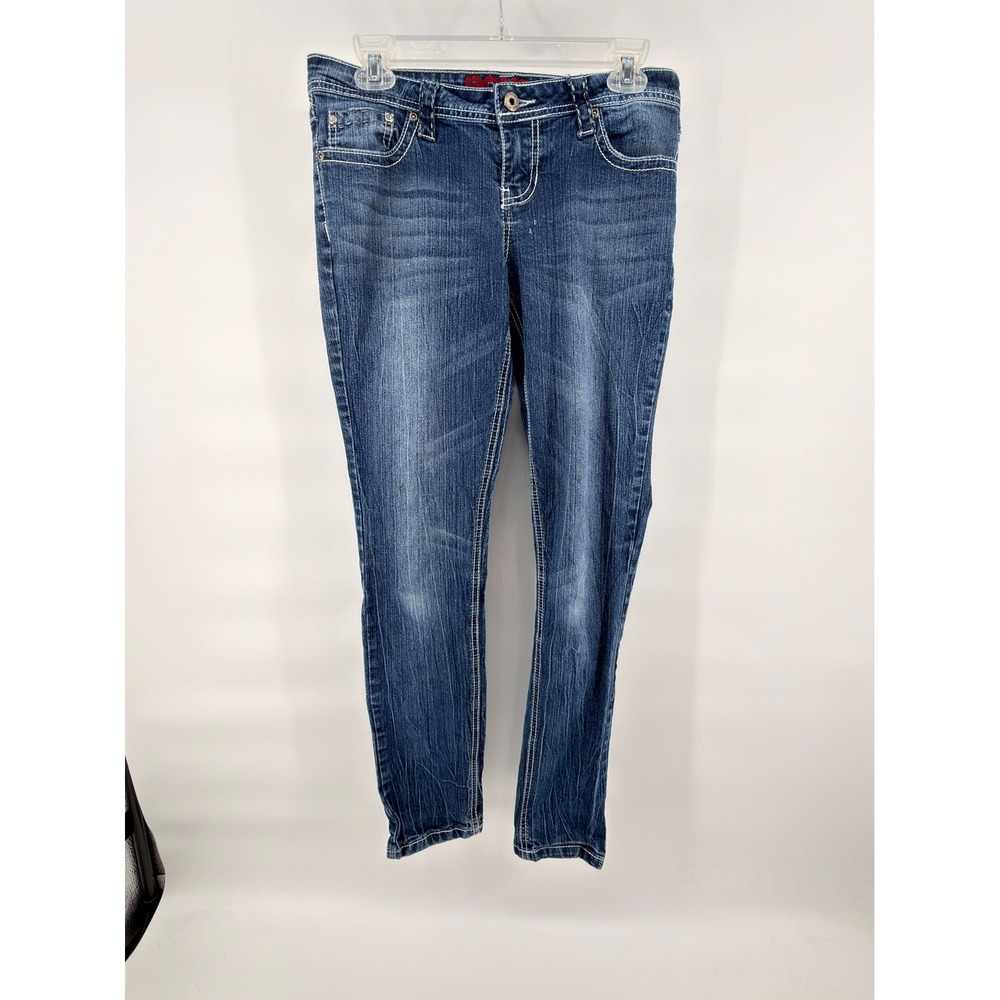 BONGO Jeans Juniors 9 Blue Skinny Leg Fleur De Lis Rhinestone Pocket Y2K Stretch